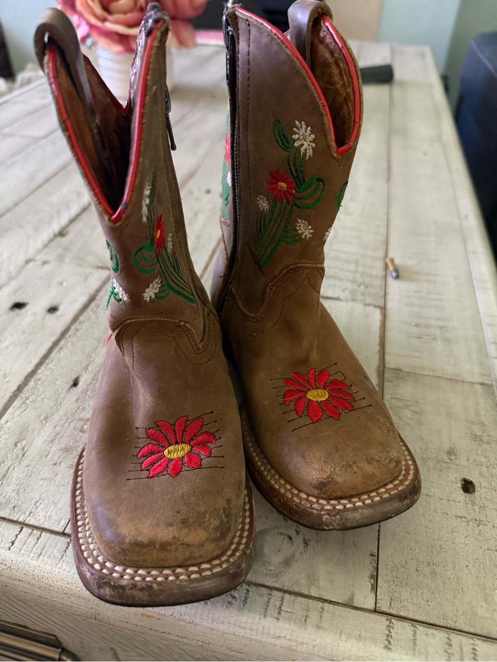 Kids Brown Western Boots with Red Floral Embroidery